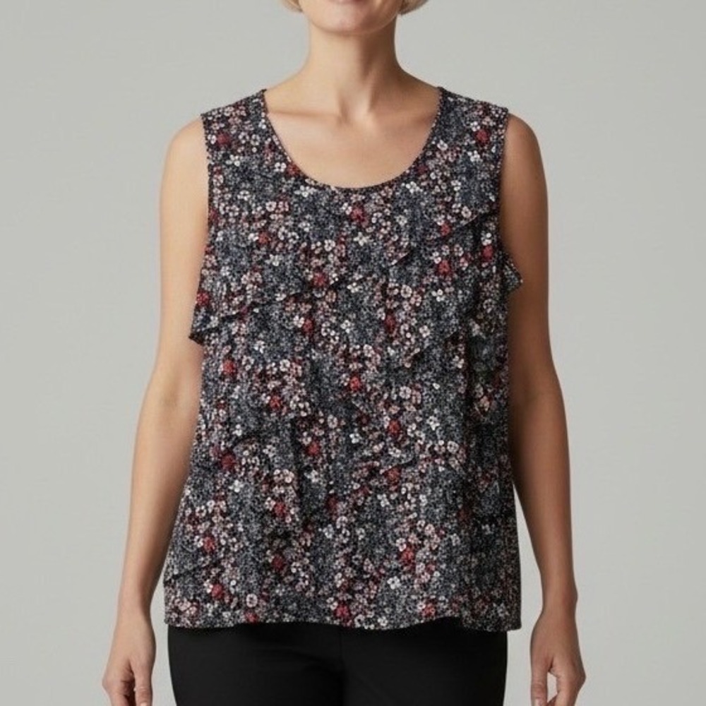 Westport woman 1X Floral Tiered Ruffle Sleeveless Blouse Navy Blue Red White